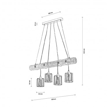  Keyla Lampa Wisząca 4xE27 Max.60W Czarny/Sosna Szara 