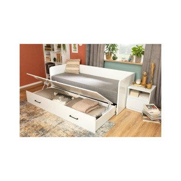 Łóżko rozkładane Tetrix białe 80-160x200 z pojemnikiem materacem i poduszkami szare