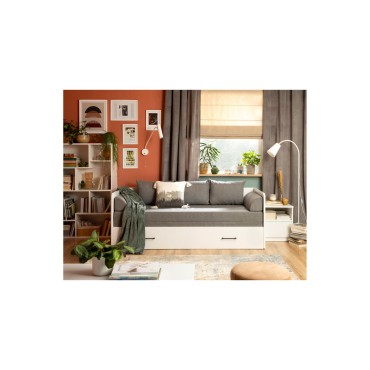 Łóżko rozkładane Tetrix białe 80-160x200 z pojemnikiem materacem i poduszkami szare