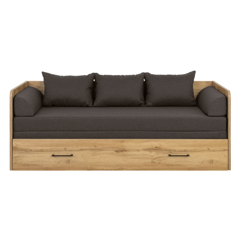 Łóżko rozkładane Tetrix dąb wotan 80-160x200 z pojemnikiem materacem i poduszkami brąz