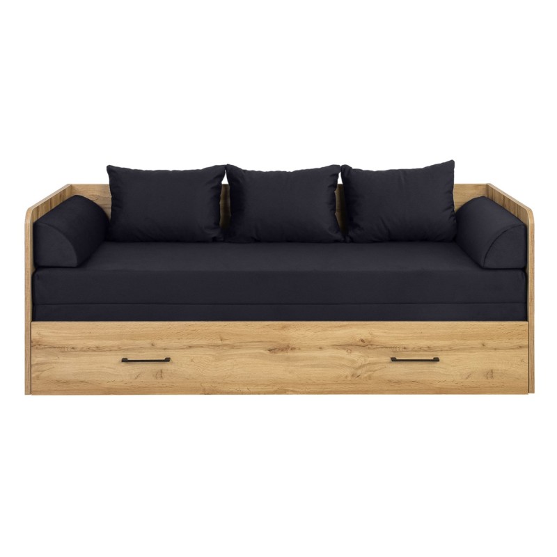 Łóżko rozkładane Tetrix dąb wotan 80-160x200 z pojemnikiem materacem i poduszkami czarne