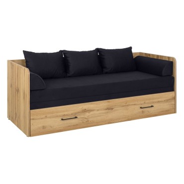 Łóżko rozkładane Tetrix dąb wotan 80-160x200 z pojemnikiem materacem i poduszkami czarne