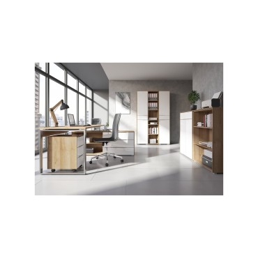 Biurko narożne Nevada 158x184x76 cm z 3 szufladami i półką dąb riviera