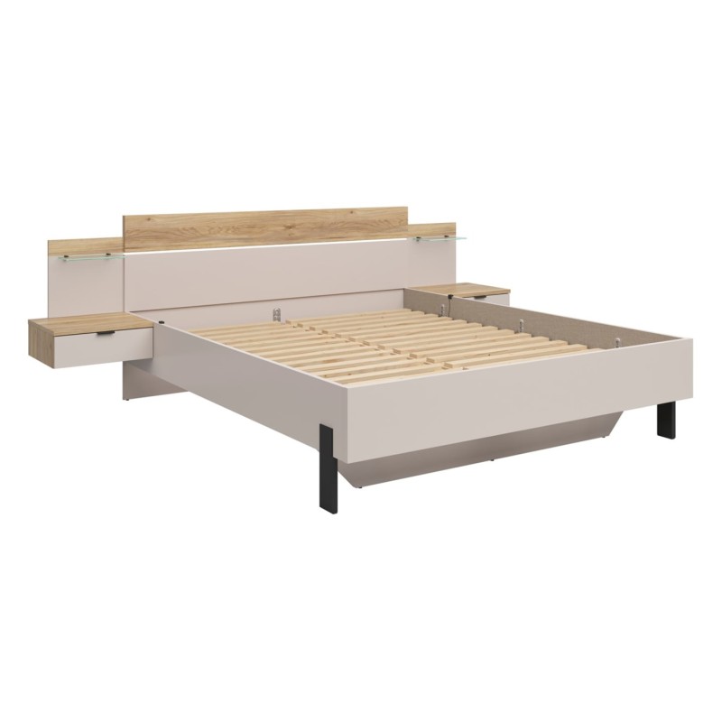 Łóżko Tabina 180x200 z 2 szafkami nocnymi i LED dąb mauvella/kaszmir