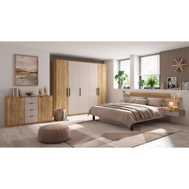 Łóżko Tabina 180x200 z 2 szafkami nocnymi i LED dąb mauvella/kaszmir