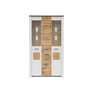 Witryna Matera 112 cm z 4 drzwiami i 2 szufladami i LED biały/dąb wotan