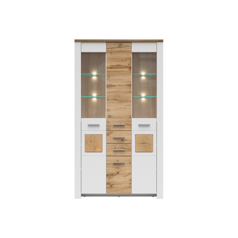 Witryna Matera 112 cm z 4 drzwiami i 2 szufladami i LED biały/dąb wotan
