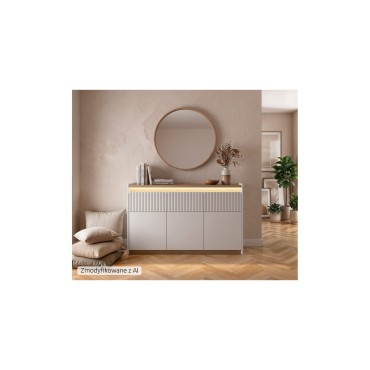 Komoda Luwia 155 cm z 3 drzwiami i 3 szufladami LED jasny szary/dąb arles