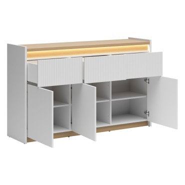 Komoda Luwia 155 cm z 3 drzwiami i 3 szufladami LED jasny szary/dąb arles