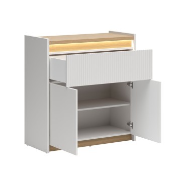 Komoda Luwia 90 cm z 2 drzwiami i szufladą LED jasny szary/dąb arles